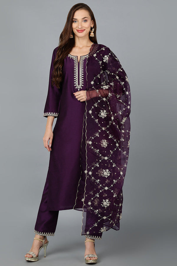 Purple Silk Blend Straight Kurta Pant With Dupatta | WomensfashionFun.com