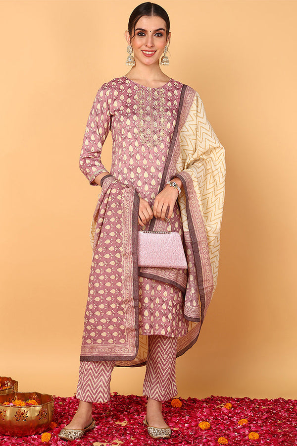 Plus Size Mauve Silk Blend Ethnic Motifs Printed Straight Suit Set | WomensfashionFun.com