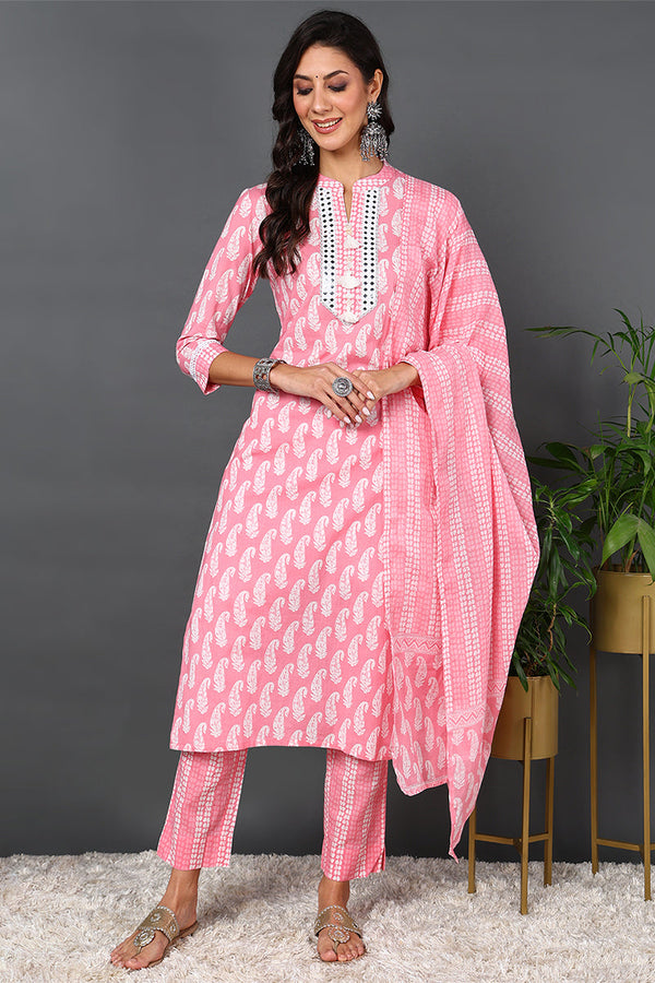 Cotton Pink Printed Straight Kurta Pant With Dupatta | WomensfashionFun