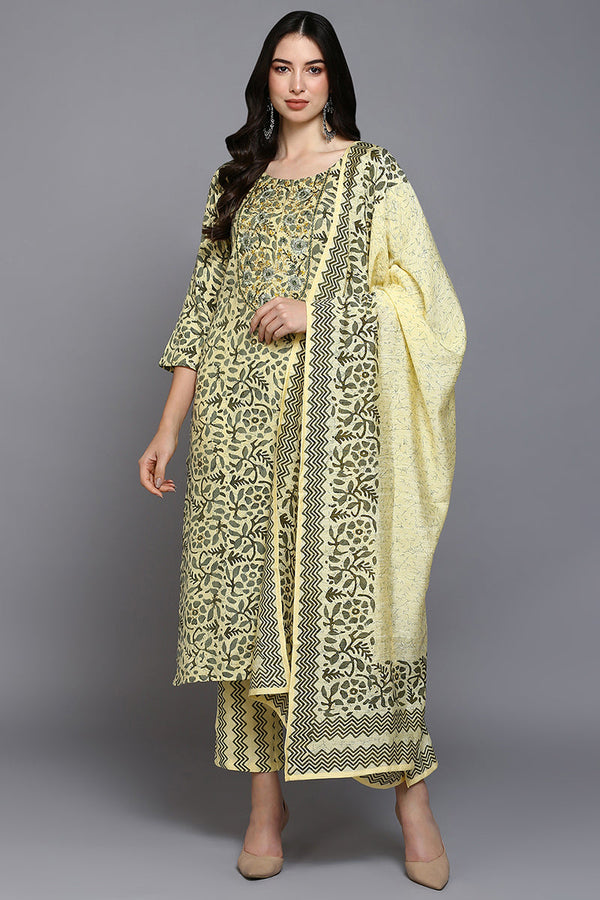 Yellow Silk Blend Floral Straight Suit Set | WomensfashionFun.com