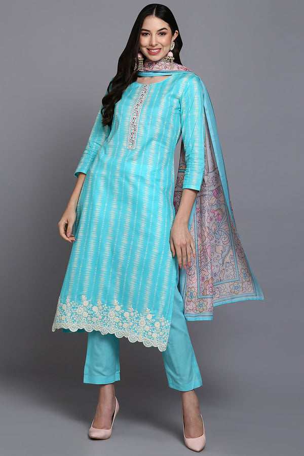 Rayon Turquoise Blue Printed Straight Kurta Pant With Dupatta | WomensfashionFun.com