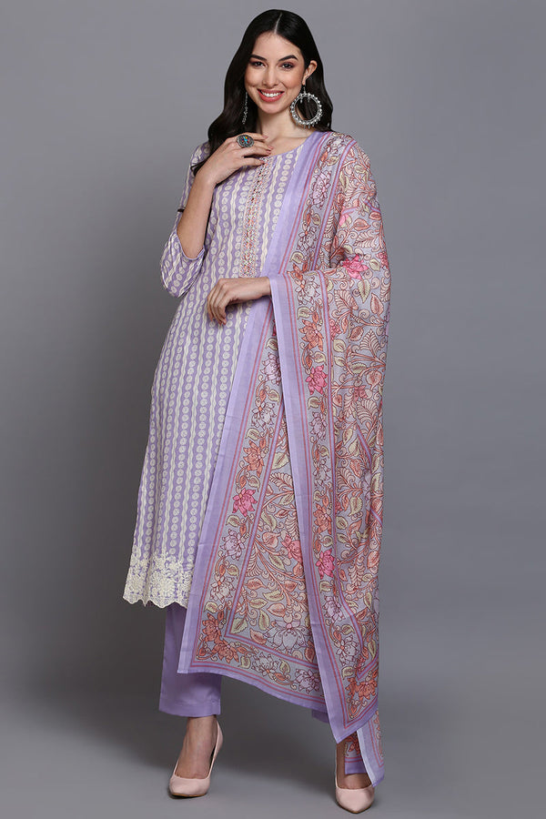 Rayon Lavender Printed Straight Kurta Pant With Dupatta | WomensfashionFun.com