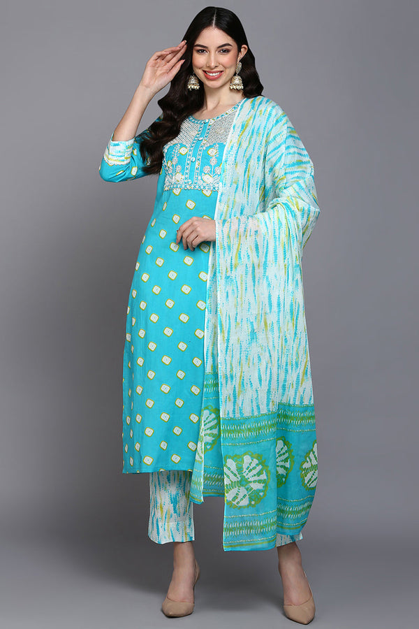 Cotton Blue Bandhani Printed Straight Kurta Pant With Dupatta | WomensfashionFun.com