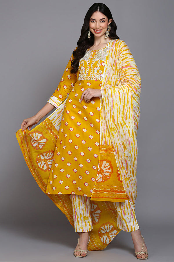 Cotton Yellow Bandhani Printed Straight Kurta Pant With Dupatta | WomensfashionFun.com
