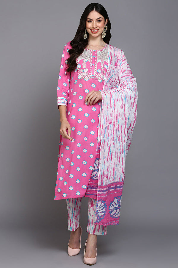 Cotton Pink Bandhani Printed Straight Kurta Pant With Dupatta | WomensfashionFun.com