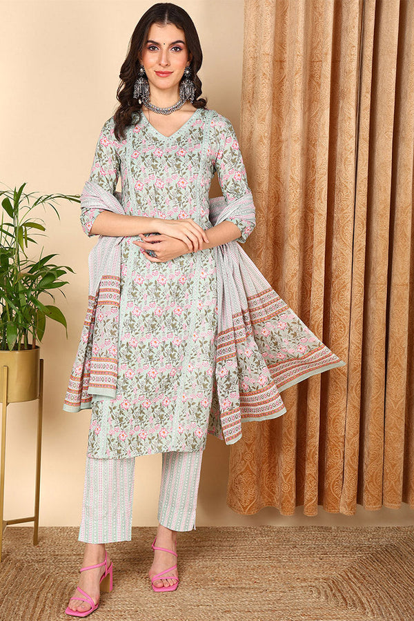 Sea Green Pure Cotton Floral Printed Straight Suit Set | WomensfashionFun.com