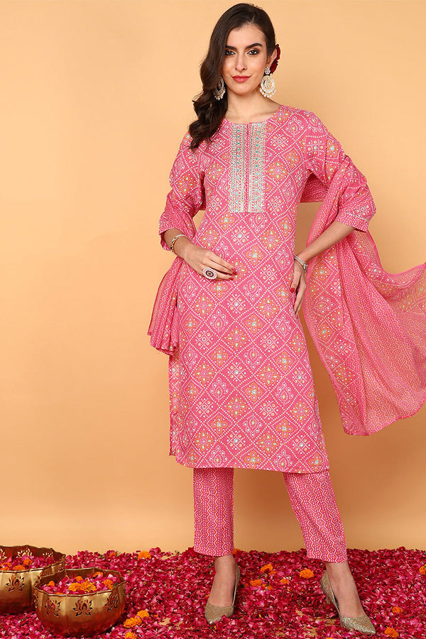 Pink Poly Cotton Bandhani Printed Straight Suit Set | WomensfashionFun.com