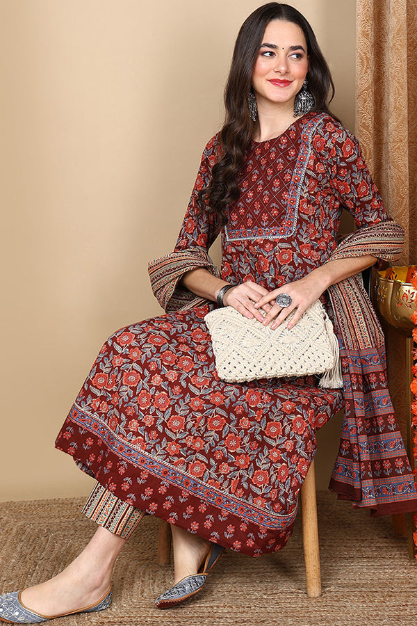 Maroon Pure Cotton Floral Printed Flared Suit Set | WomensfashionFun.com