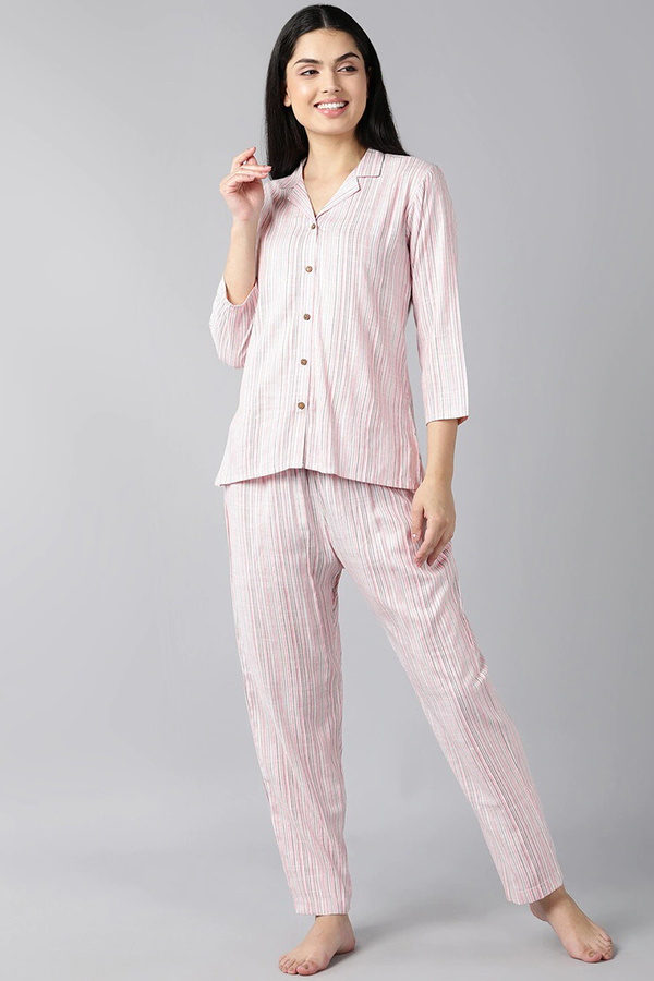 Pink Pure Cotton Striped Night Suit | WomensfashionFun
