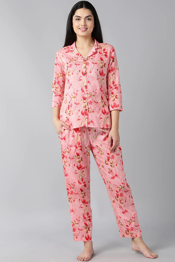 Pink Pure Cotton Floral Printed Night Suit  | WomensfashionFun