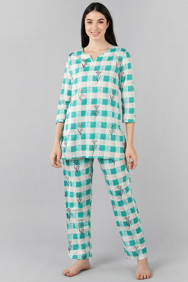 Sea Green Cotton Checked Night Suit | WomensfashionFun.com