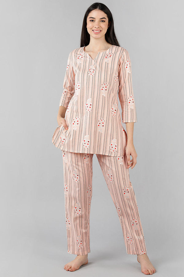 Peach Cotton Striped Night Suit | WomensfashionFun.com