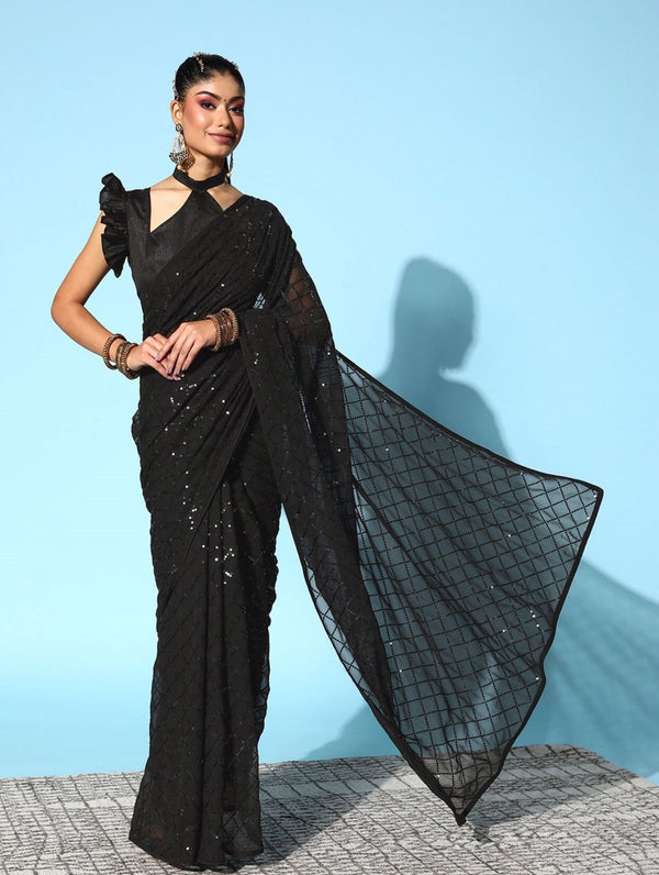 Women Party Wear Designer Black Colour Soft Georgette Fabric Seqaunce Emboidery Woked Saree Collection | WomensfashionFun.com