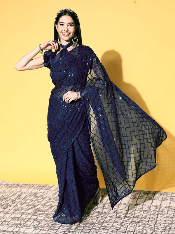 Women Party Wear Designer Blue Colour Soft Georgette Fabric Seqaunce Emboidery Woked Saree Collection | WomensfashionFun.com