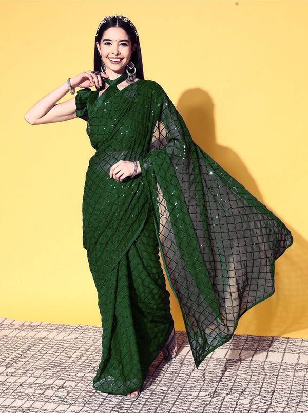 Women Party Wear Designer Green Colour Soft Georgette Fabric Seqaunce Emboidery Woked Saree Collection | WomensfashionFun.com