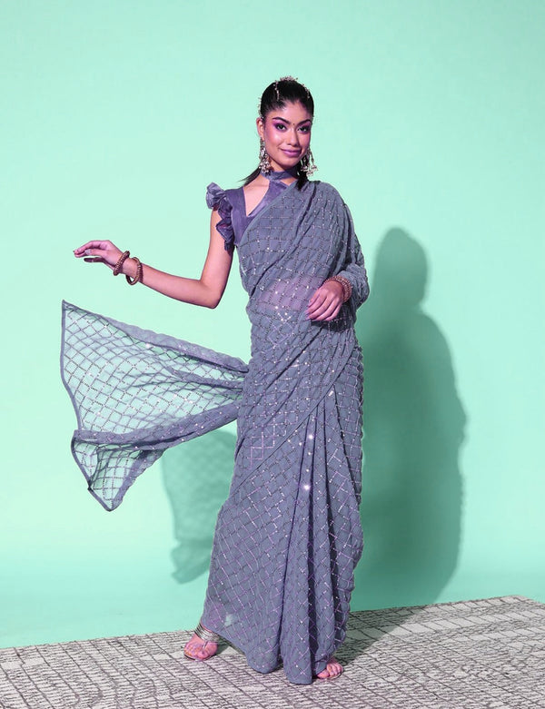 Women Party Wear Designer Grey Colour Soft Georgette Fabric Seqaunce Emboidery Woked Saree Collection | WomensfashionFun.com