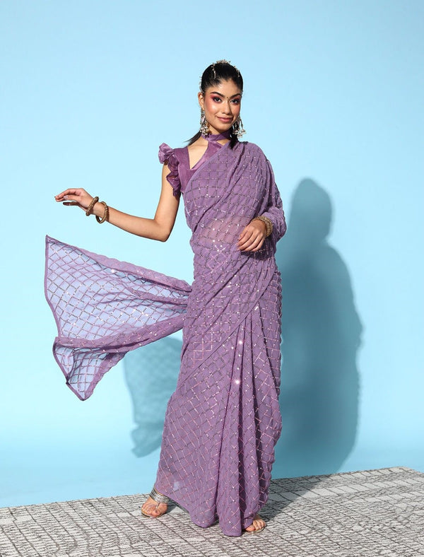 Women Party Wear Designer Purple Colour Soft Georgette Fabric Seqaunce Emboidery Woked Saree Collection | WomensfashionFun.com