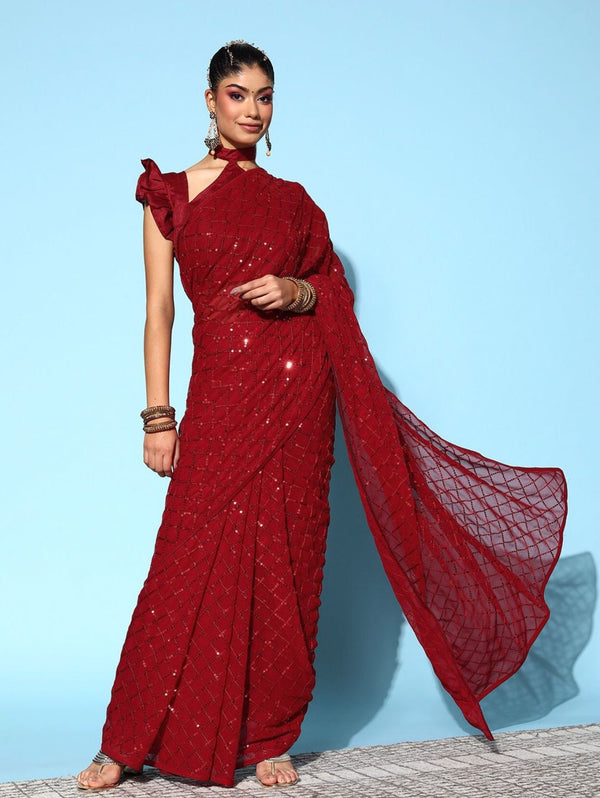 Women Party Wear Designer Red Colour Soft Georgette Fabric Seqaunce Emboidery Woked Saree Collection | WomensfashionFun.com