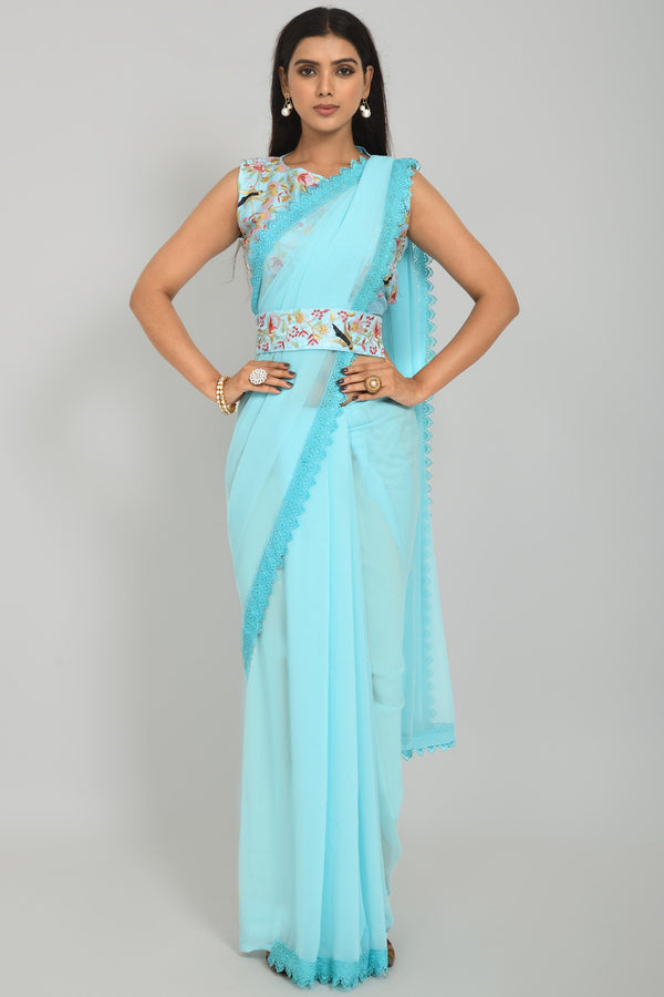 Women Party Wear Designer Sky Blue Colour Georgette Silk Fabric Seqaunce Embroidery Worked Saree Collection | WomensfashionFun.com