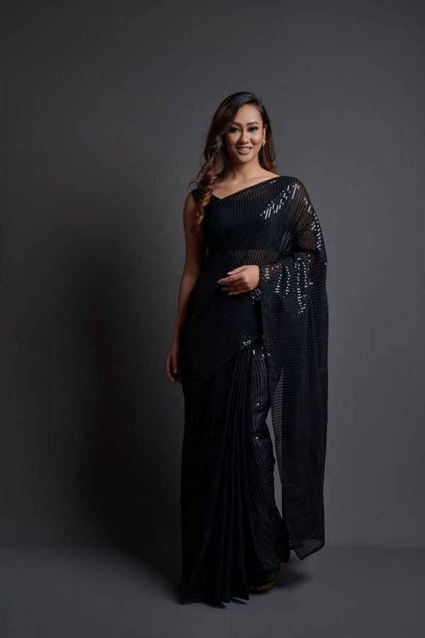 Women Party Wear Designer Black Colour Heavy Georgette Fabric Seqaunce Emboidery Woked Saree Collection | WomensfashionFun.com