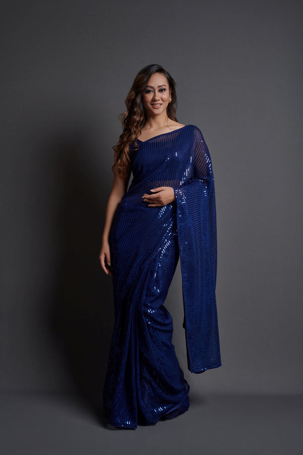 Women Party Wear Designer Blue Colour Heavy Georgette Fabric Seqaunce Emboidery Woked Saree Collection | WomensfashionFun.com