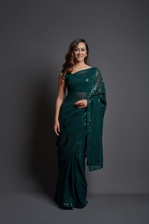Women Party Wear Designer Green Colour Heavy Georgette Fabric Seqaunce Emboidery Woked Saree Collection | WomensfashionFun.com