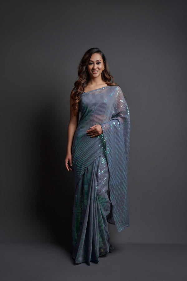 Women Party Wear Designer Grey Colour Heavy Georgette Fabric Seqaunce Emboidery Woked Saree Collection | WomensfashionFun.com