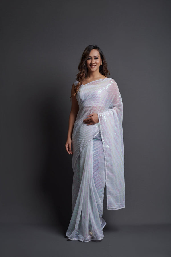 Women Party Wear Designer White Colour Heavy Georgette Fabric Seqaunce Emboidery Woked Saree Collection | WomensfashionFun.com