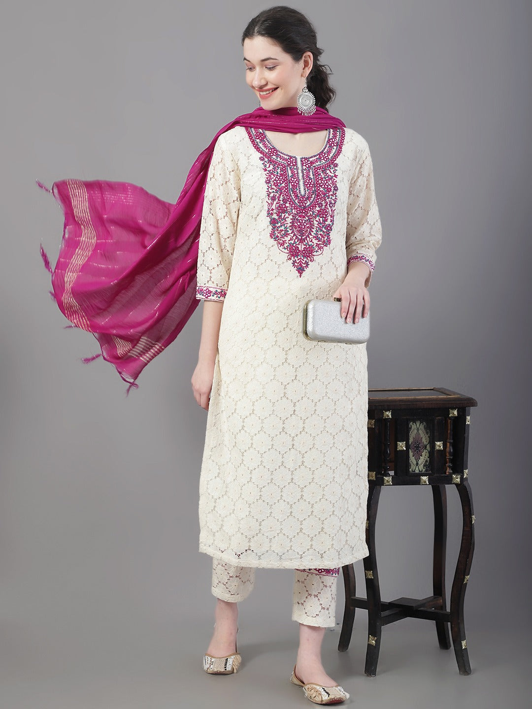 Women Embroidered Thread Work Pure Cotton Kurta with Trousers & With Dupatta WomensFashionFun