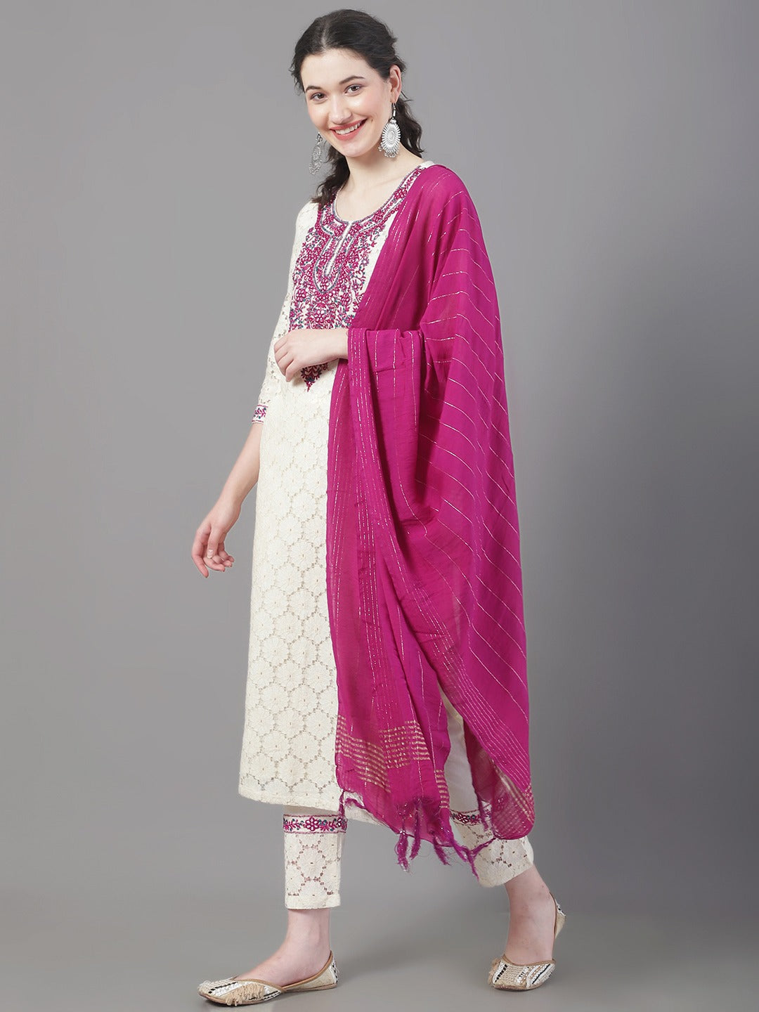Women Embroidered Thread Work Pure Cotton Kurta with Trousers & With Dupatta WomensFashionFun
