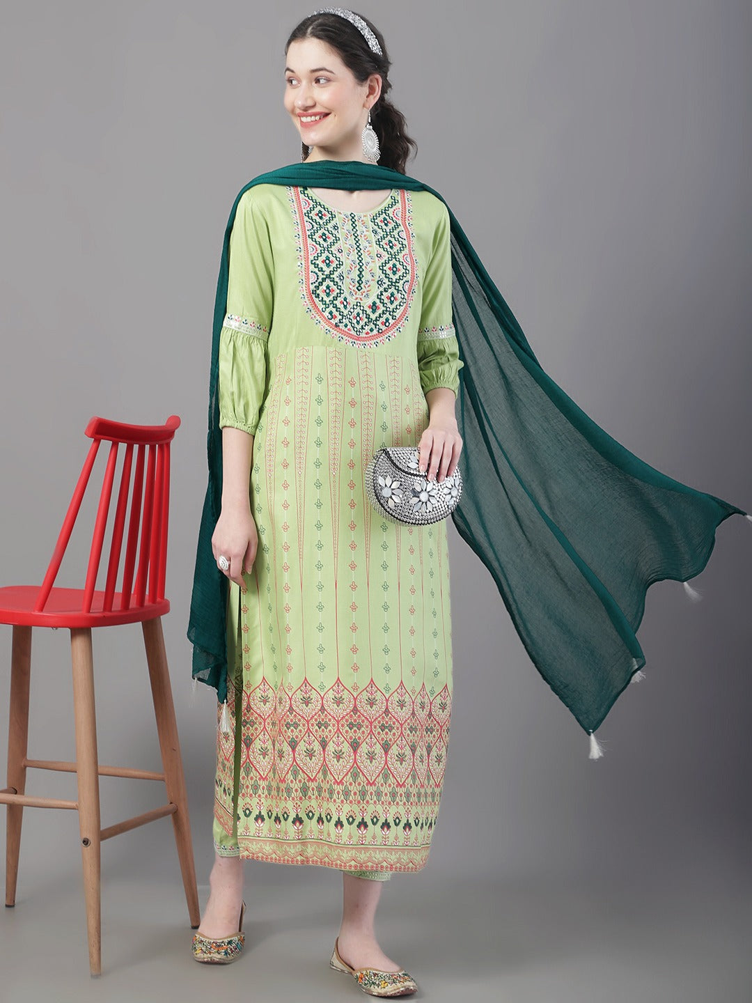 Women Floral Printed Embroidered Straight Kurta With Trousers & Dupatta WomensFashionFun