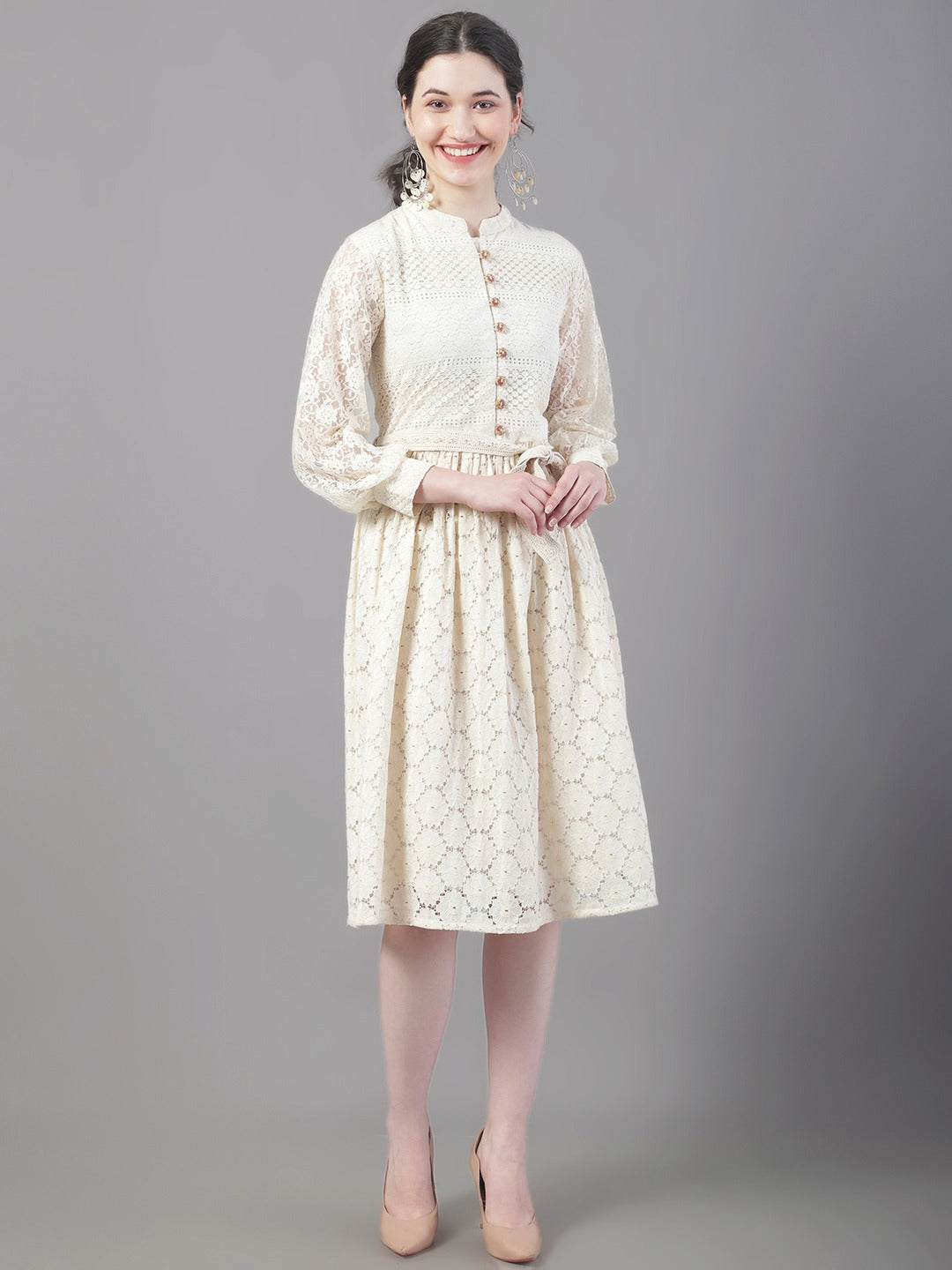 Women Self Design Cotton Schiffli Fit & Flare Dress WomensFashionFun
