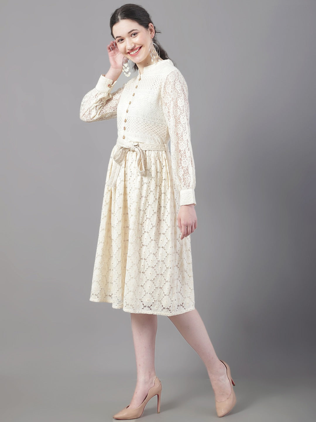 Women Self Design Cotton Schiffli Fit & Flare Dress WomensFashionFun