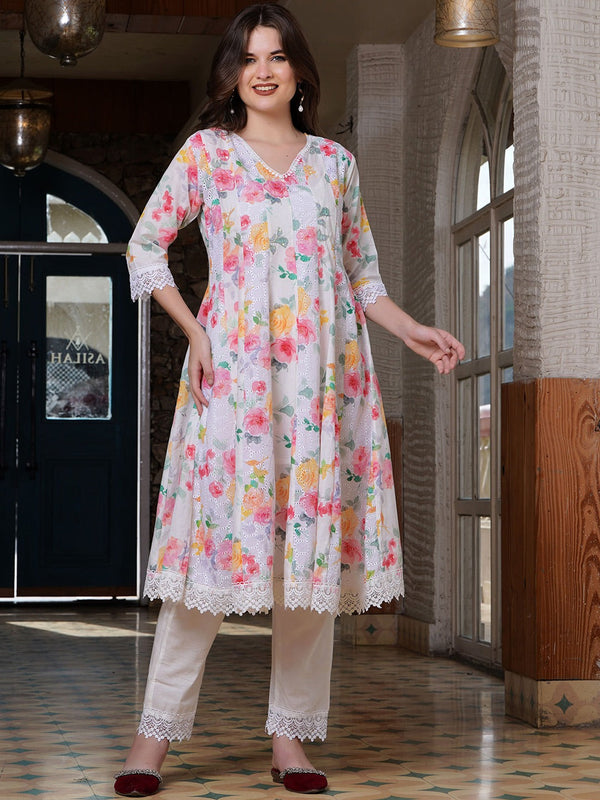 Women Floral Printed Panelled Pure Cotton Kurta With Trousers | WomensfashionFun.com