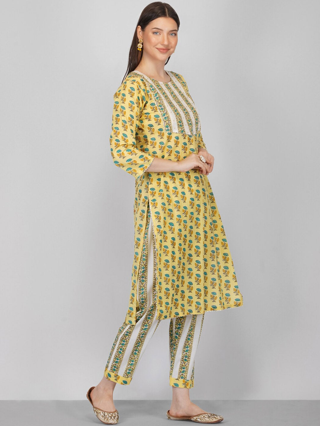 Women Yellow Ethnic Motifs Printed Pure Cotton Kurta with Trousers & Dupatta WOMENSFASHIONFUN