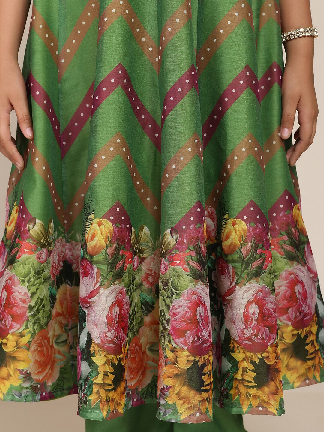Girls Green Floral Printed Empire Kurta with Trousers & With Dupattawomensfashionfun