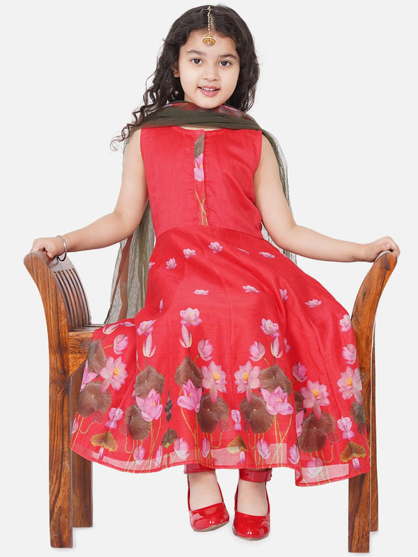 Girls Red Ethnic Motifs Printed Chanderi Cotton Kurta with Churidar & With DupattaWomensFashionFun.com