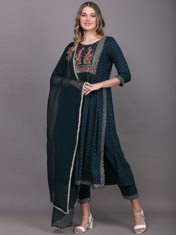 Women Blue Ethnic Motifs Embroidered Pleated Kurta with Trousers & With Dupatta | WomensfashionFun.com