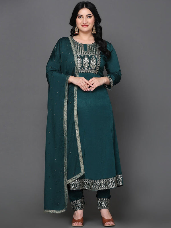 Ethnic Motifs Yoke Design Pure Silk Anarkali Kurta with Trousers & Dupatta WOMENSFASHIONFUN