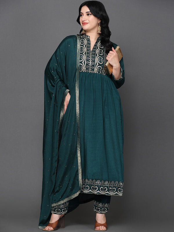 Ethnic Motifs Embroidered Pure Silk Kurta with Trousers & With Dupatta WomensFashionFun.com