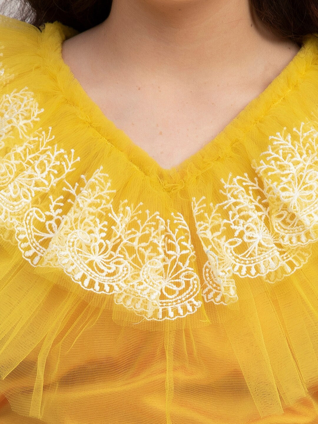 Girls Yellow & White Embroidered Ready to Wear Lehenga & Blousewomensfashionfun