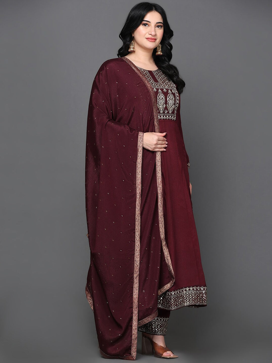 Embroidered Sequined Anarkali Pure Silk Kurta with Trousers & Dupatta WOMENSFASHIONFUN