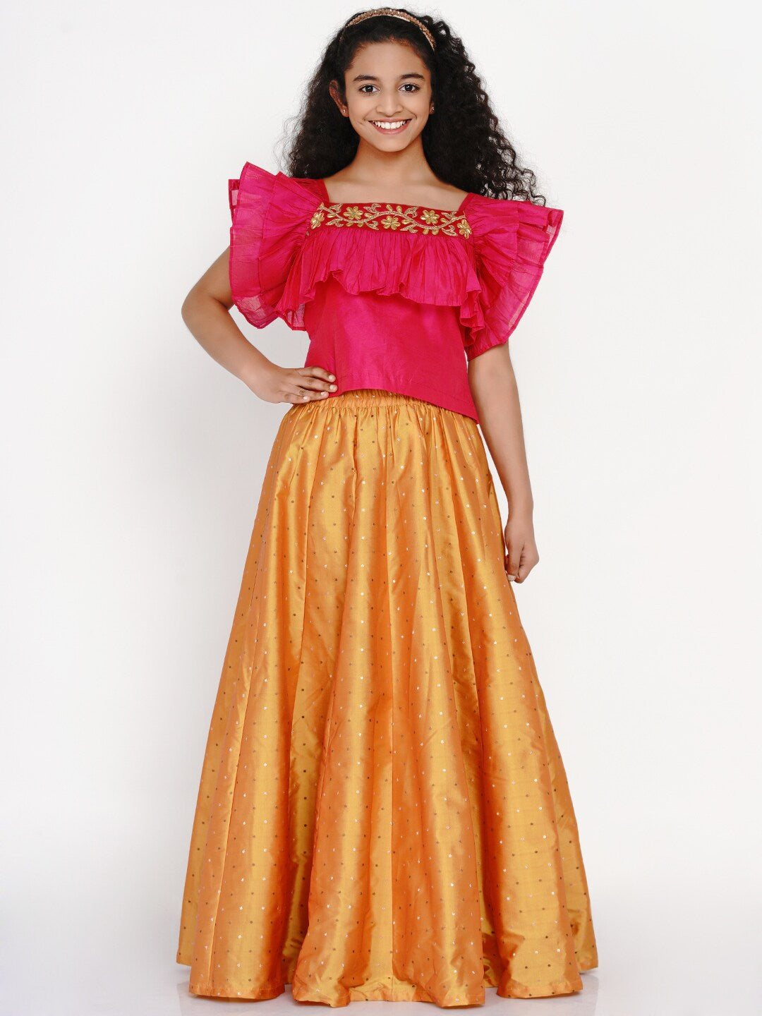 Girls Pink & Orange Thread Work Ready to Wear Lehenga & BlouseWomensFashionFun.com