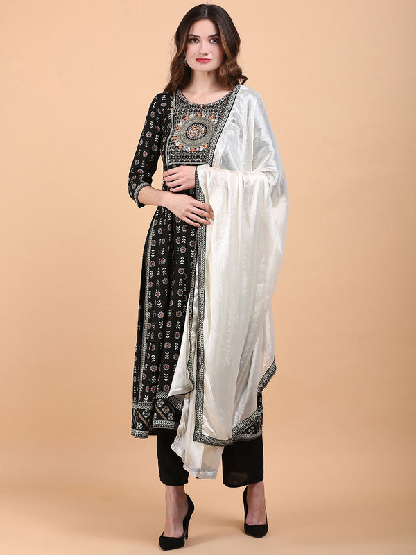 Ethnic Motif Printed Thread Work High Slit Straight Kurta With Trousers & Dupatta | WomensfashionFun.com