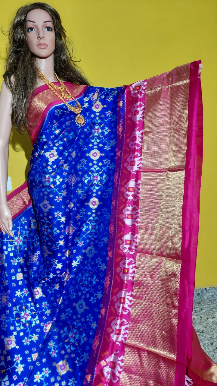 blue Pink Ikkat Pure Pochampalli Silk Saree