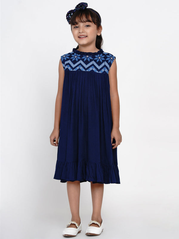 Girls Navy Blue Embroidered A-Line Dress | WomensfashionFun.com