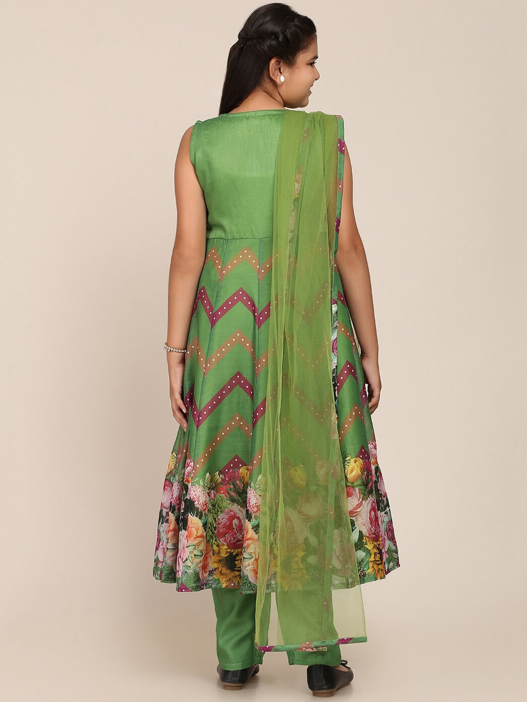 Girls Green Floral Printed Empire Kurta with Trousers & With DupattaWomensFashionFun.com