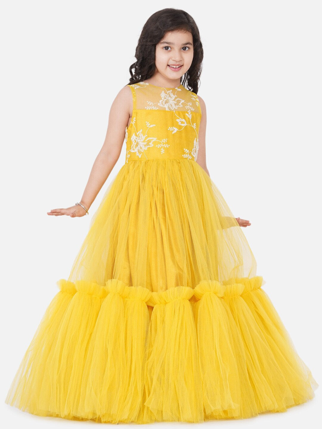 Girls Yellow Embellished Net Maxi Dresswomensfashionfun