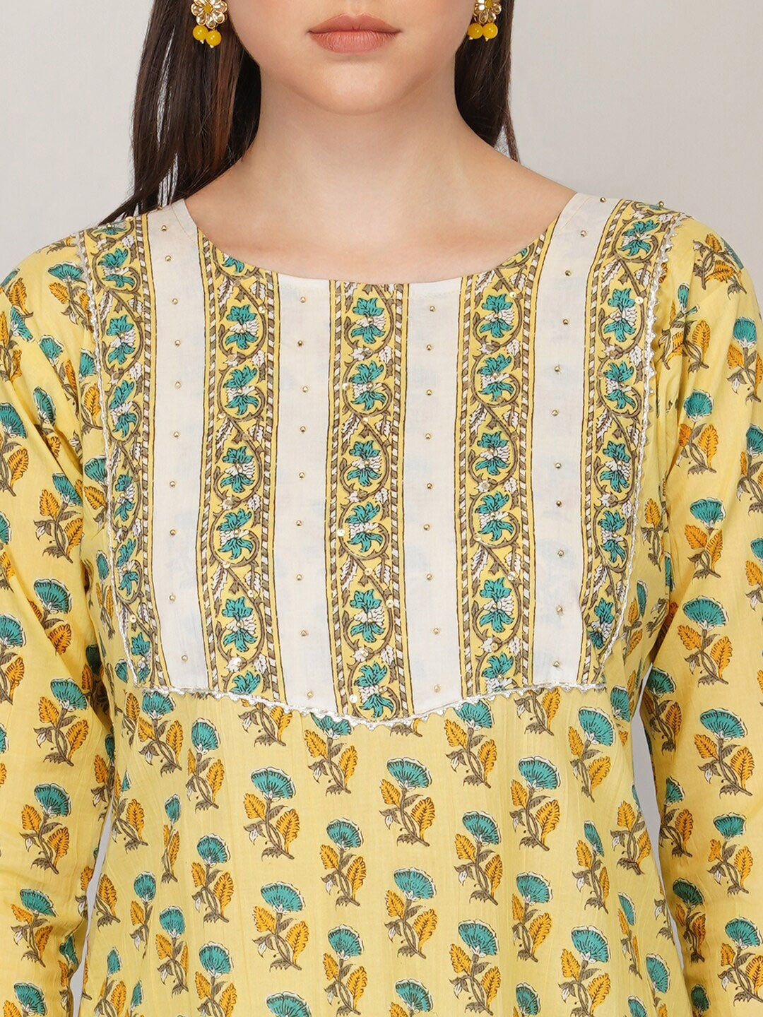 Women Yellow Ethnic Motifs Printed Pure Cotton Kurta with Trousers & Dupatta WomensFashionFun.com