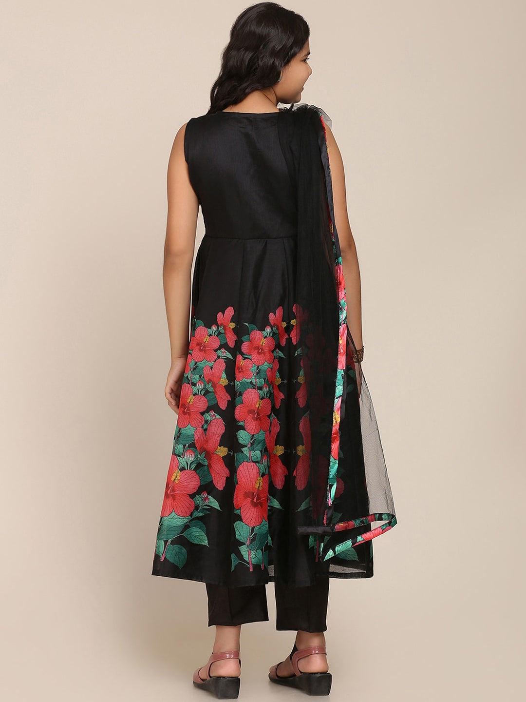 Girls Black Floral Printed Pleated Kurta with Trousers & With DupattaWomensFashionFun.com